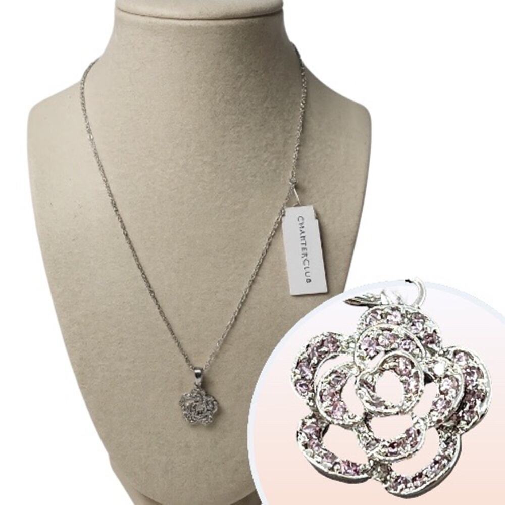 Charter Club Pink Crystal Flower Pendant Necklace NWT